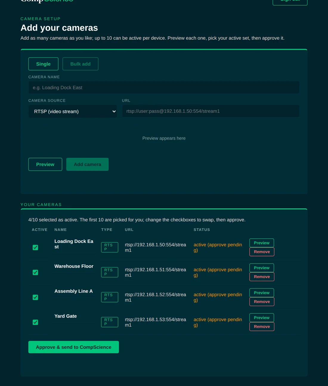 Add your cameras screen with the camera list, active checkboxes, statuses, and the approve button